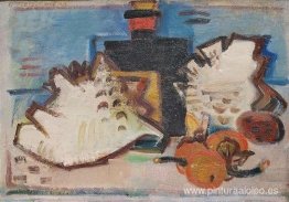 Alféizar con frutas, mejillones y una botella. Alféizar con frutas, mejillones y una botella.
