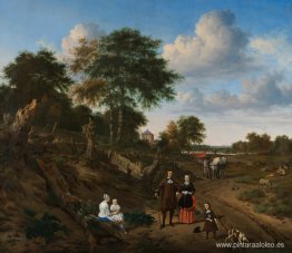 Retrato de una pareja con dos hijos y una niñera en un paisaje Retrato de una pareja con dos hijos y una niñera en un paisaje