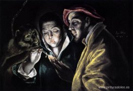 Alegoría, niño encendiendo vela en compañía de un simio y un ton Alegoría, niño encendiendo vela en compañía de un simio y un ton