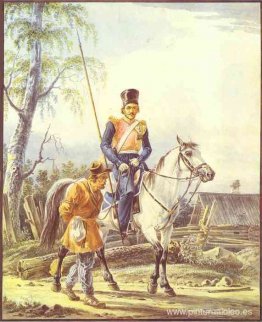 Un cosaco montado escoltando a un campesino Un cosaco montado escoltando a un campesino