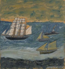 Barca de tres mástiles con tres barcos pequeños Barca de tres mástiles con tres barcos pequeños