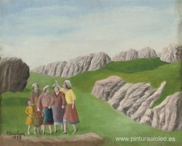 Cinco figuras en un paisaje de montaña. Cinco figuras en un paisaje de montaña.