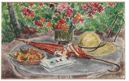 Jarrón de flores, assiette de peches, ombrelle et le Figaro Jarrón de flores, assiette de peches, ombrelle et le Figaro