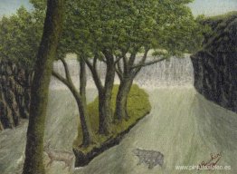 Animales cruzando un río inundado con una cascada lejana Animales cruzando un río inundado con una cascada lejana
