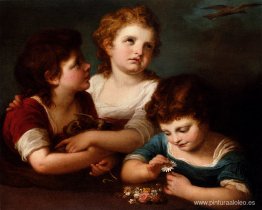 Niños con nido de pájaro y flores. Niños con nido de pájaro y flores.