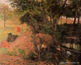 Paisaje con vacas en un huerto. Paisaje con vacas en un huerto.