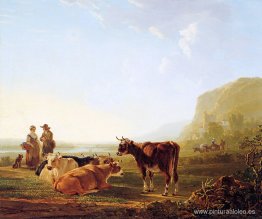 Paisaje con vacas descansando. Paisaje con vacas descansando.