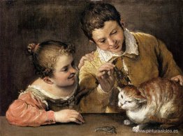 Dos niños burlándose de un gato Dos niños burlándose de un gato