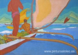 Hombres en una canoa con estabilizadores se dirigieron a la oril Hombres en una canoa con estabilizadores se dirigieron a la oril
