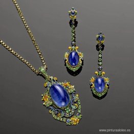 Conjunto de zafiro, granate demantoide y esmalte. Conjunto de zafiro, granate demantoide y esmalte.