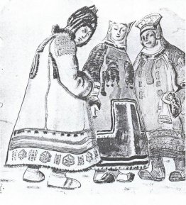 La escena con tres figuras disfrazadas. La escena con tres figuras disfrazadas.