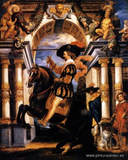 Cavalier ejecutando una Levade, frente a un portal Cavalier ejecutando una Levade, frente a un portal