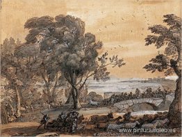 Escena costera con una batalla en un puente. Escena costera con una batalla en un puente.