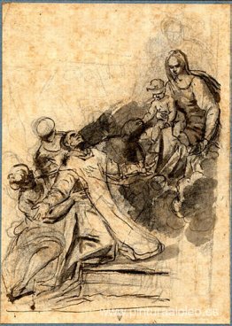 Un santo arrodillado y sostenido por ángeles, en éxtasis ante la Un santo arrodillado y sostenido por ángeles, en éxtasis ante la