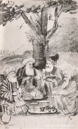 Cuatro orientales sentados bajo un árbol. tinta sobre papel