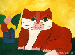 Gato rojo y jarrón con flores.