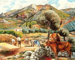 Paisaje con caserío del artista en Fique
