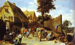 Campesinos bailando afuera de una posada