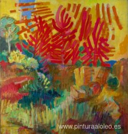 Pinos y rocas a la luz del atardecer.