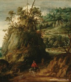 Paisaje montañoso con viajero.