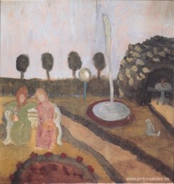 Dos mujeres en el jardín con fuente.