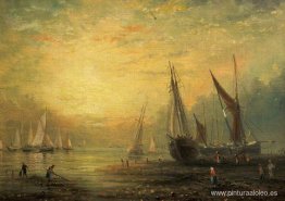 Un paisaje marino con yates al atardecer