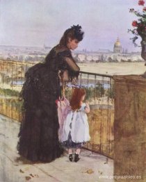 Mujer y niño en el balcón.