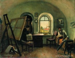 Ivan Shishkin y A. Guinet en el estudio de la isla de Valaam