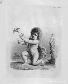 Querubín arrodillado soltando un pájaro de Guercino