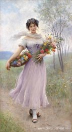 Chica con un vestido color lila con ramo de flores