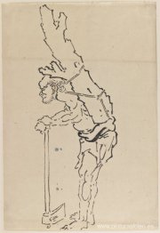 Dibujo de hombre apoyado sobre un hacha y cargando parte de un t