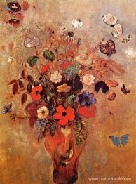 Jarrón con Flores y Mariposas