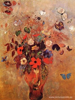 Jarrón con Flores y Mariposas