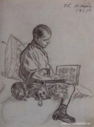 Niño con perro (Retrato de Cyril Kustodiev, hijo del artista)