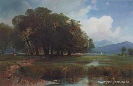 Paisaje suizo con caballos.