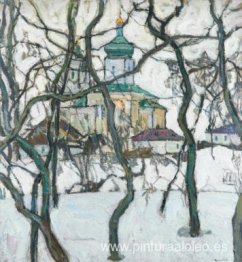 Escena de invierno con iglesia