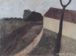 Paisaje crepuscular con casa y tenedor.