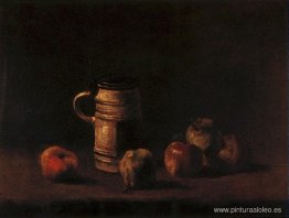 Naturaleza muerta con jarra de cerveza y fruta.