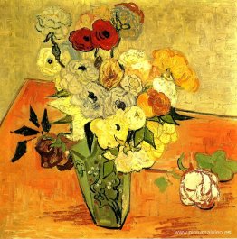 Jarrón Japonés con Rosas y Anémonas