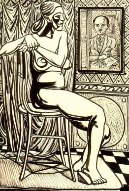 Desnudo femenino sentado y autorretrato del artista.