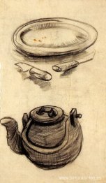 Plato con cubiertos y hervidor de agua.