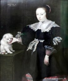 Retrato de una niña de once años con un perro, vestida a la moda