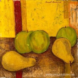 Naturaleza muerta con manzanas y peras verdes.