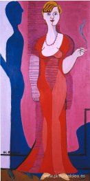 Mujer rubia con un vestido rojo, retrato de Elisabeth Hembus