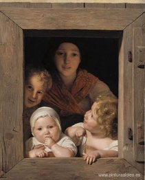 Joven campesina con tres hijos en la ventana