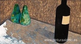 Bodegón con botella y peras verdes. Bodegón con botella y peras verdes.