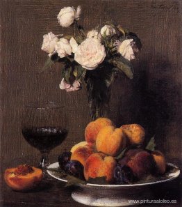 Naturaleza muerta con rosas, fruta y copa de vino. Naturaleza muerta con rosas, fruta y copa de vino.