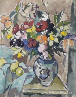 Naturaleza muerta con jarrón de flores y cítricos. Naturaleza muerta con jarrón de flores y cítricos.