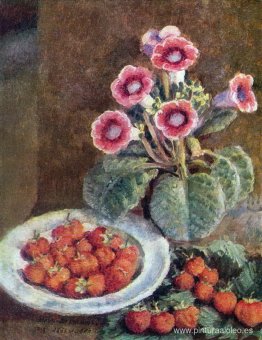 Una flor en una maceta y fresas. Una flor en una maceta y fresas.