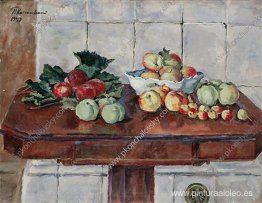 Bodegón. Manzanas sobre una mesa cerca de la estufa. Bodegón. Manzanas sobre una mesa cerca de la estufa.